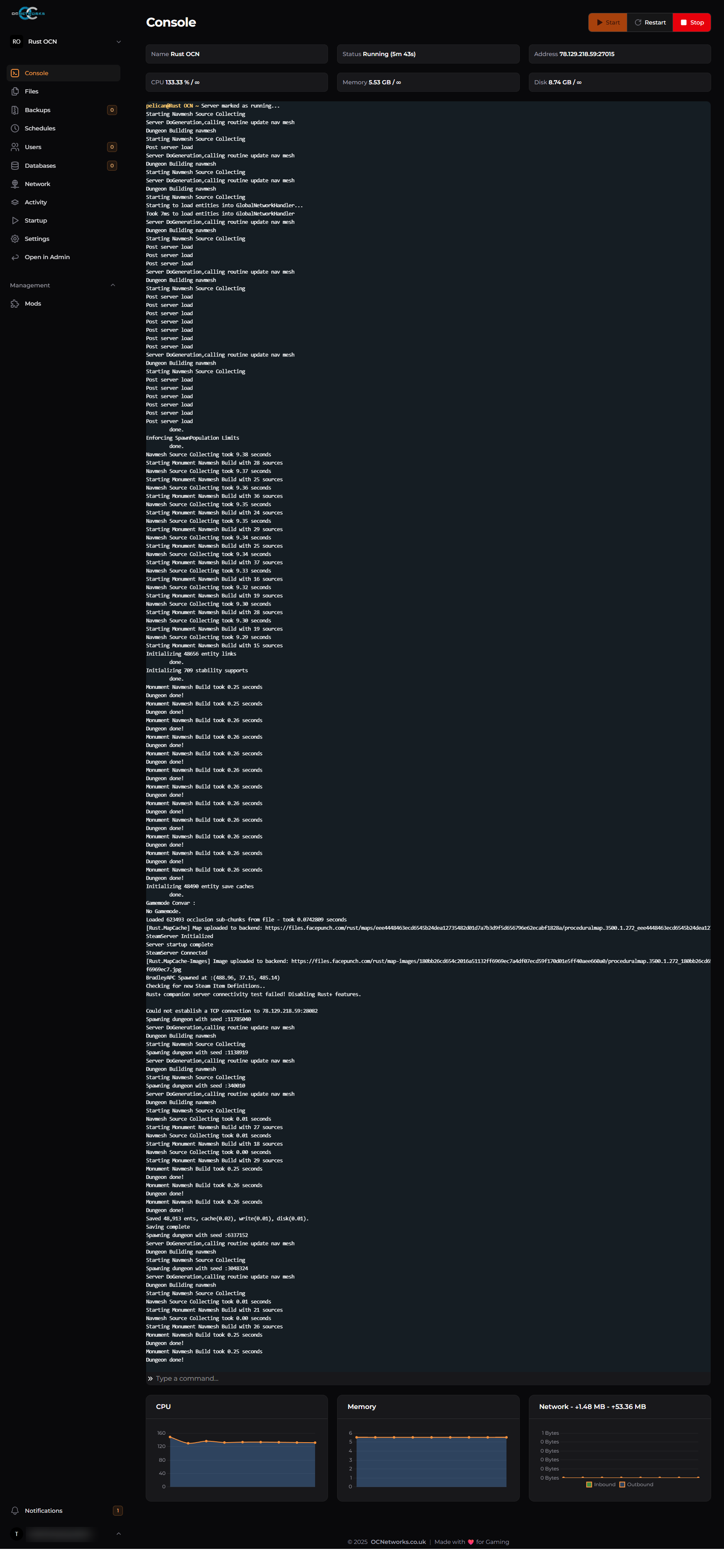 OCN Panel - Main console view showing server controls and live console output